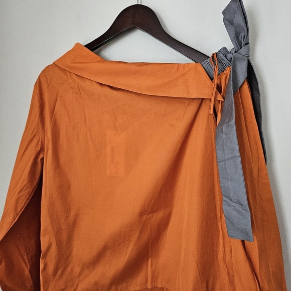 Harshman Blouse Liana Burnt Orange Tie Bow Off One Shoulder Poplin Fall Casual - Picture 9 of 14